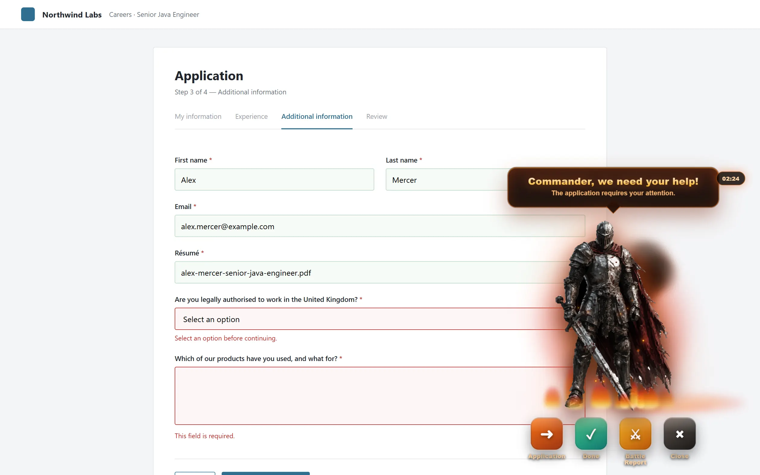 An employer application form with two fields flagged in red. A dark panel is drawn over the right of the page reading “Commander, we need your help!”, with a countdown at two minutes twenty-four, an armoured figure, and four command buttons beneath it: Application, Done, Battle Report and Close.