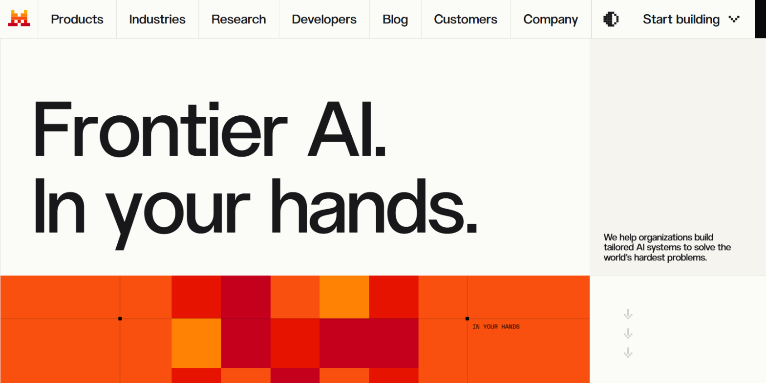 The Mistral AI home page, with Start building in the top navigation.