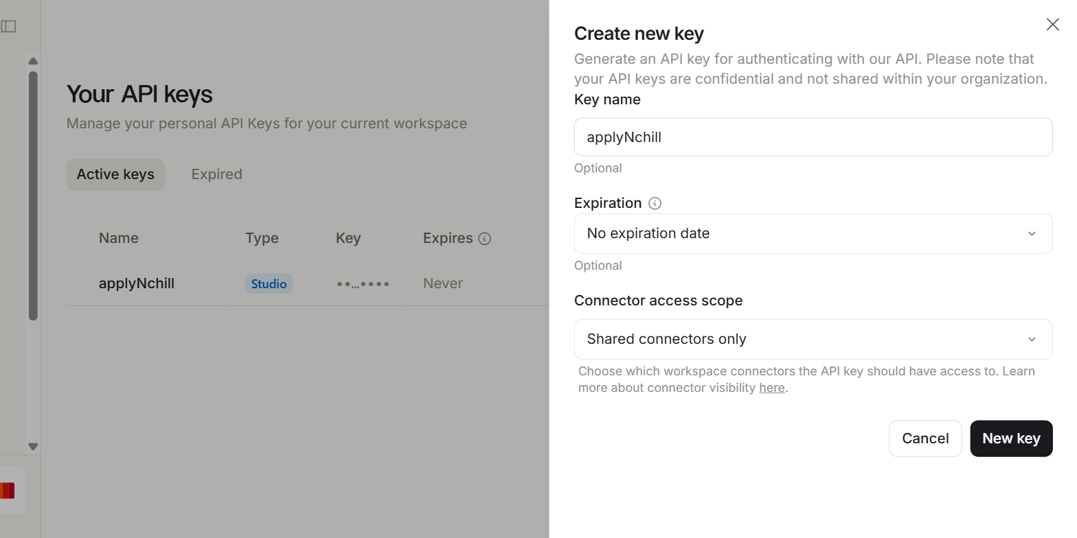 The Create new key panel, with a key name filled in and expiry left at no expiration date.